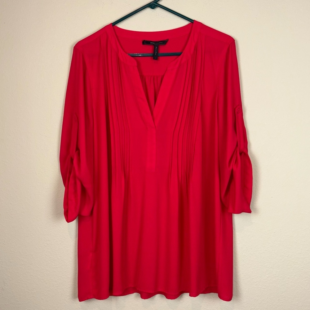 BCBG MaxAzria Gena Red Berry Lightweight Semi-Sheer Pull Over Tunic Top Blouse